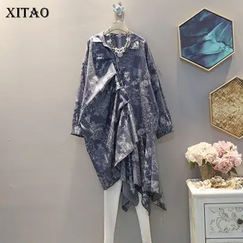 

XITAO Ruffle Print Pattern Blouse Fashion Irregular Vintage Single Breast Full Sleeve Hem Minority Casual Style Shirt XJ4260