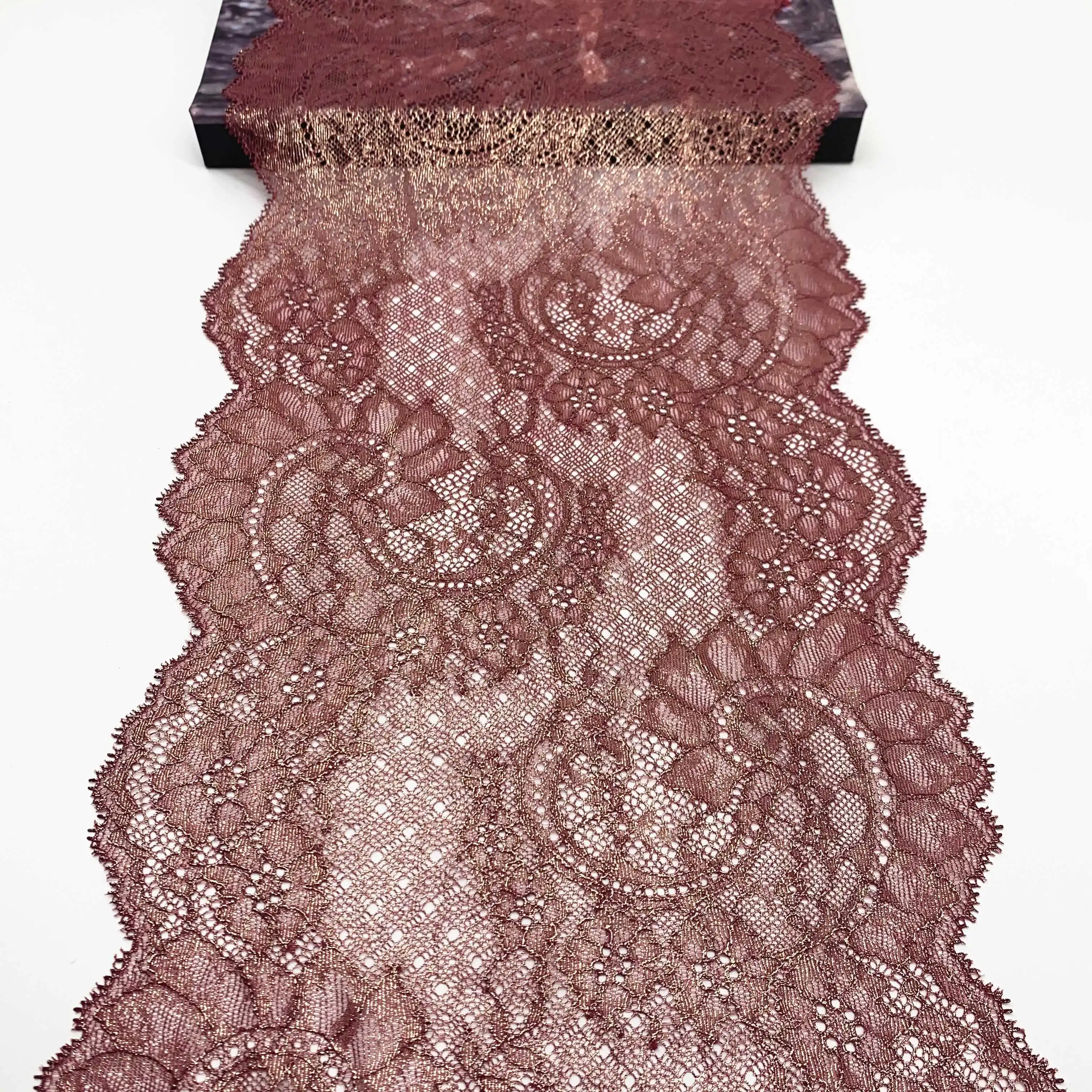 3y/lot Width 23cm Floral Stretch Lace Trim Dark Red Foil 1