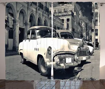 

Old Car Curtains Panoramic View of Shabby Old Havana Street with Vintage Classic American Cars Living Room Bedroom Home Decor