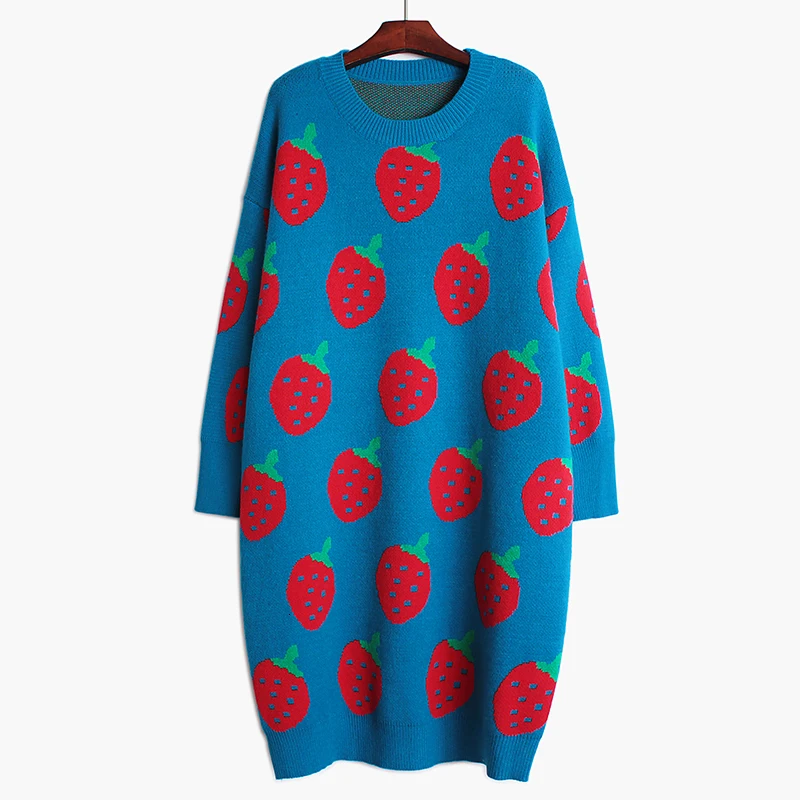 [EAM] женское вязаное платье большого размера с узором, новинка, круглый вырез, длинный рукав, свободный крой, мода, весна-осень 19A-a422 - Цвет: blue