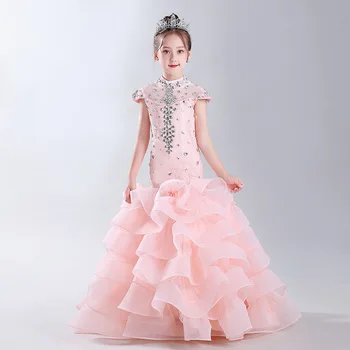 

BGW 393ht High Neck Pink Mermaid Ruffle Flower Girl Dresses Short Sleeves Hollow Out Lace Up Back Crystal Girl Dress Frocks 2020