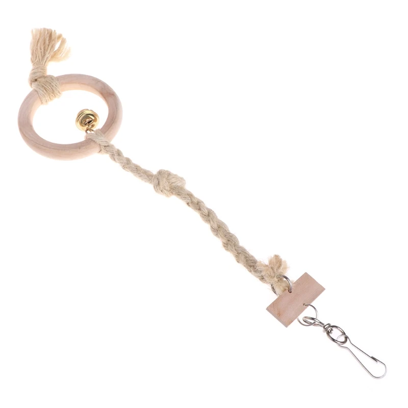 Parrot Bird Toys Swing Round Natural Wood Linen Rope Bell Hanging Cage Chew Bite