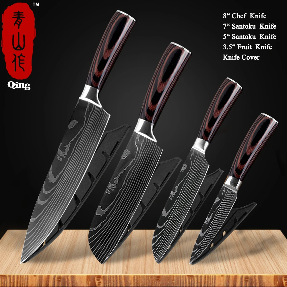 4 PCS Value set 01 Бренд Qing 8 дюймов японские кухонные ножи лазерный дамасский нож шеф-повара острый нож Santoku Кливер нож для нарезки нож инструмент - Цвет: 4 PCS Value set 01