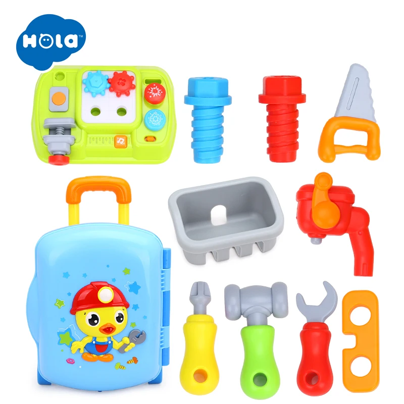 

HOLA TOYS 3106 Baby Toys Engineering Carry Along Toolbox with Wheels Kids Pretend Play Tool Set Toys for children gifts