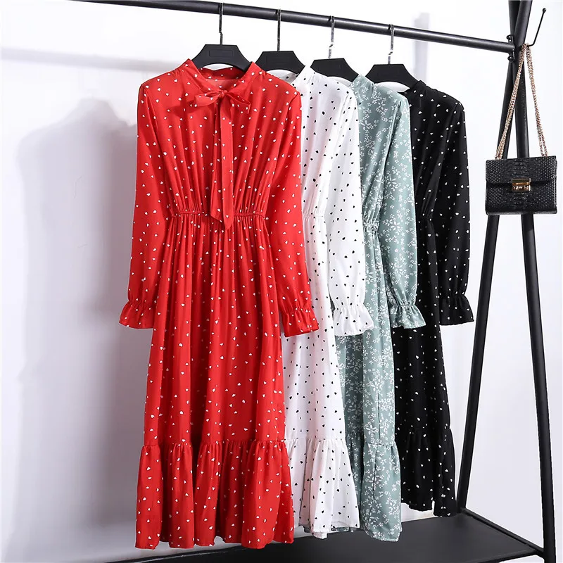 2020 Autumn Floral And Dot Print Women's Stand Neck Dresses Long Sleeve Cute Chiffon Dress Fashion Long Sleeve Female Dresses 2020 Autumn Floral And Dot Print Women's Stand Neck Dresses Long Sleeve Cute Chiffon Dress Fashion Long Sleeve Female Dresses
