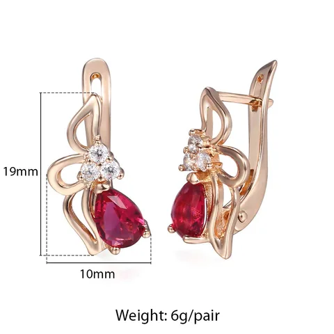 Rose Gold Geometry Double Oval Red Stone Drop Dangle Earrings for Women Girls Wedding Jewelry GE349