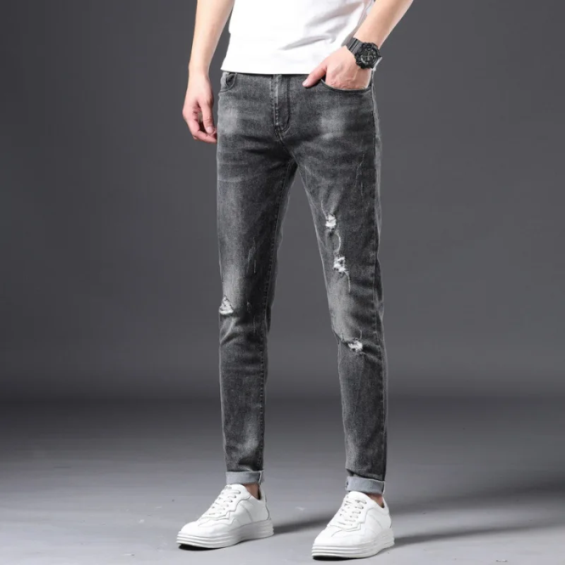 

Jeans Men's Popular Brand Slim Fit Skinny Pants Korean-style Trend Men Light Color Capri Pants Versatile Casual Pants