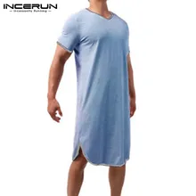 INCERUN Men Patchwork Sleep Robes Summer Short Sleeve V Neck Homewear Man Loose Comfy Bathrobes Casual Solid Nightgown Plus Size