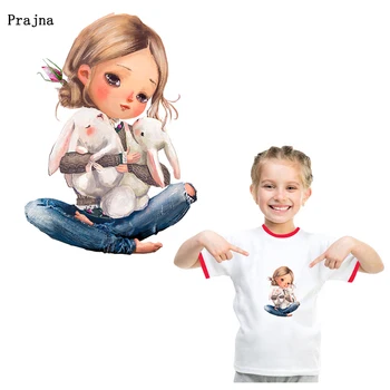 

Prajna Girl With Cute Rabbit Patches Heat Transfer Vinyl Iron On Transfers For Kids T-shirt Summer Style Washable Stickers DIY