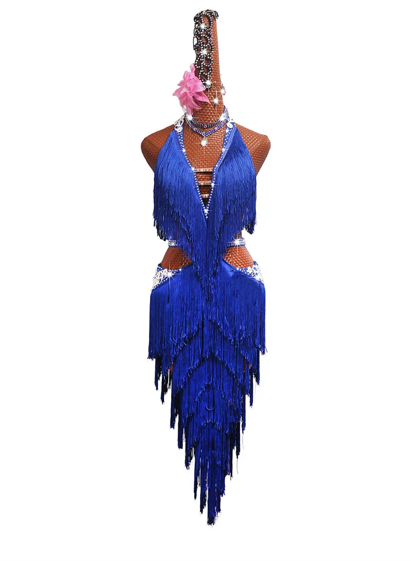 Shiny Rhinestone Latin Dance Dress Women High-end Custom Girl And Adult Female Blue Fringed Dance Dresses Competition Costumes