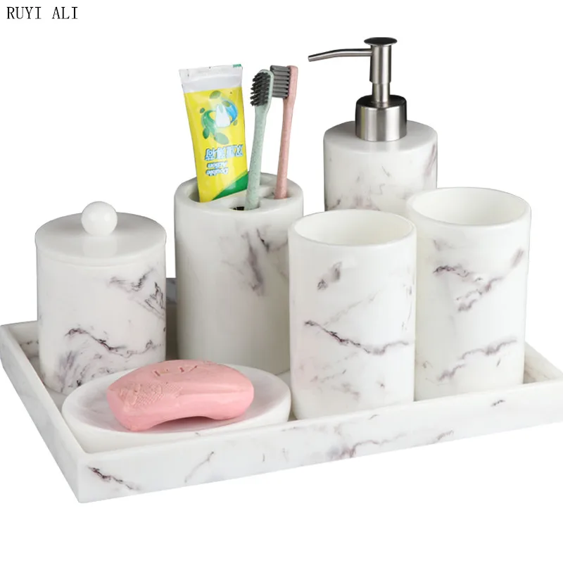 

Nordic Imitation Marble Resin Bathroom 5/6pcs Accessories Set Bathroom Supplies Kit/Mug Cup/Tissue Box/Ashtray Toiletries Brushi