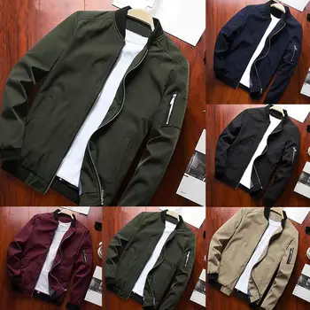 

Plus Size Men Chic Solid Color Long Sleeve Zipper Pockets Slim Varsity Jacket perfect to pair with shirts pants great Xmas gifts