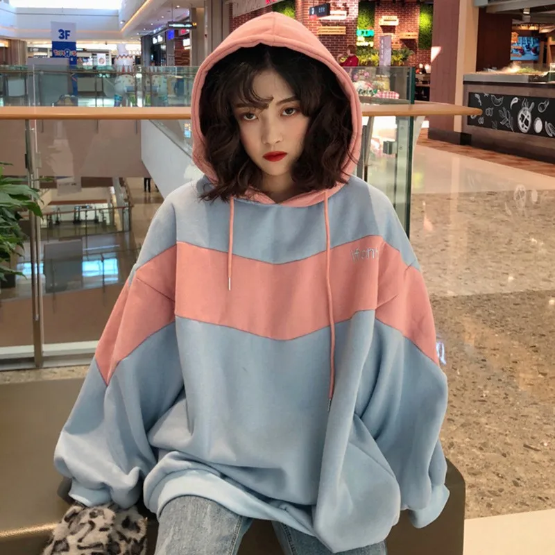 

Women Simple Spring Long Sleeve Sweatshirt Cute Color Matching Autumn Loose Hat Collar Wild Coats