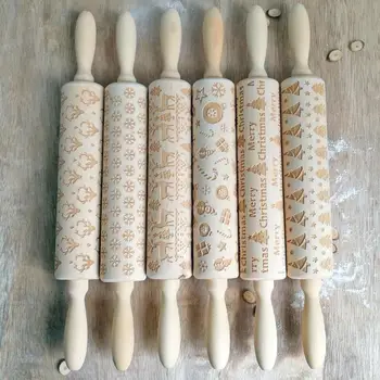 

35*4cm Wooden Roller Christmas Pattern Embossing Rolling Pin Dough Stick Kitchen Tools Baking Pastry Cooking Engraved Reindeer