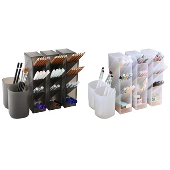 

10pcs Desk Organizer- Pen Organizer Storage for Office Set of 3, 2 Cups 14 Compartments- 5 Pcs Black & 5 Pcs Transparent