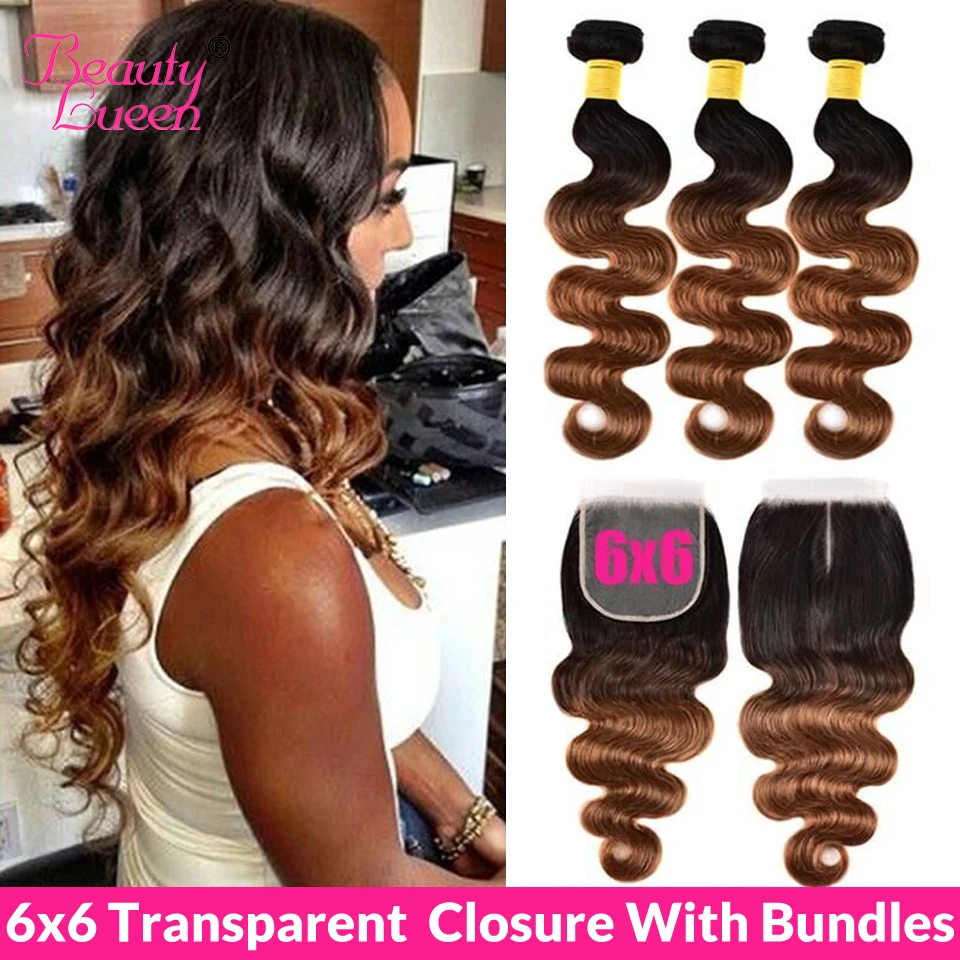 

Ombre Peruvian Body Wave Hair 3/4 Bundles With Closure T1B/4/27 30 Remy Transparent 6X6 Closure And Human Hair Bundles