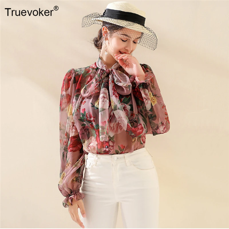 

Truevoker Autumn Designer Silk Blouses Women's High Street Fashion Full Sleeve Bow Collar Charming Floral Printed Casual Top