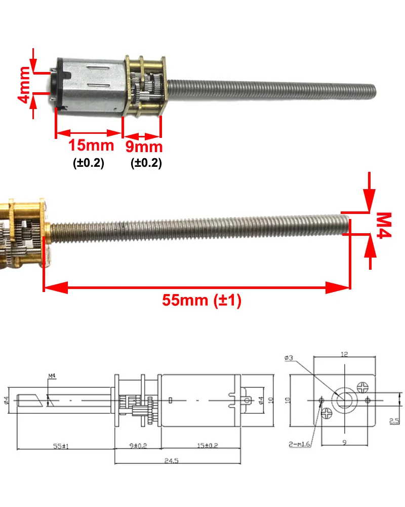 N20 긴 샤프트 나사 샤프트, M4 * 55mm, DC 기어 모터, 저속 15  1000RPM, DC 모터, 속도 조절 가능, 3V, 6V, 12V
