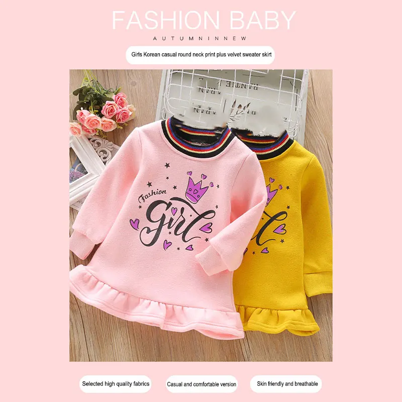 

Kid Winter Casual Baby Girls Letters Crown Print Long Sleeve Sweatshirt Dress Kids Thicken Dresses 2-7T