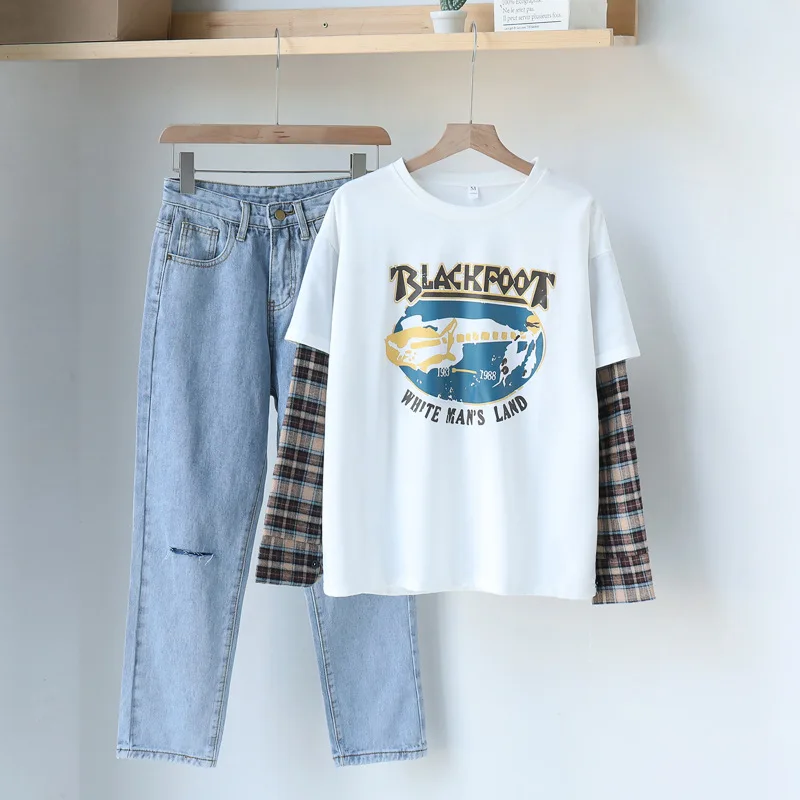 

2 Pieces Reduction 5 Early Autumn Clothing 2019 Women's Leisure Suit Long-sleeved Sweater with Holes Jeans Two-Piece Set Women's