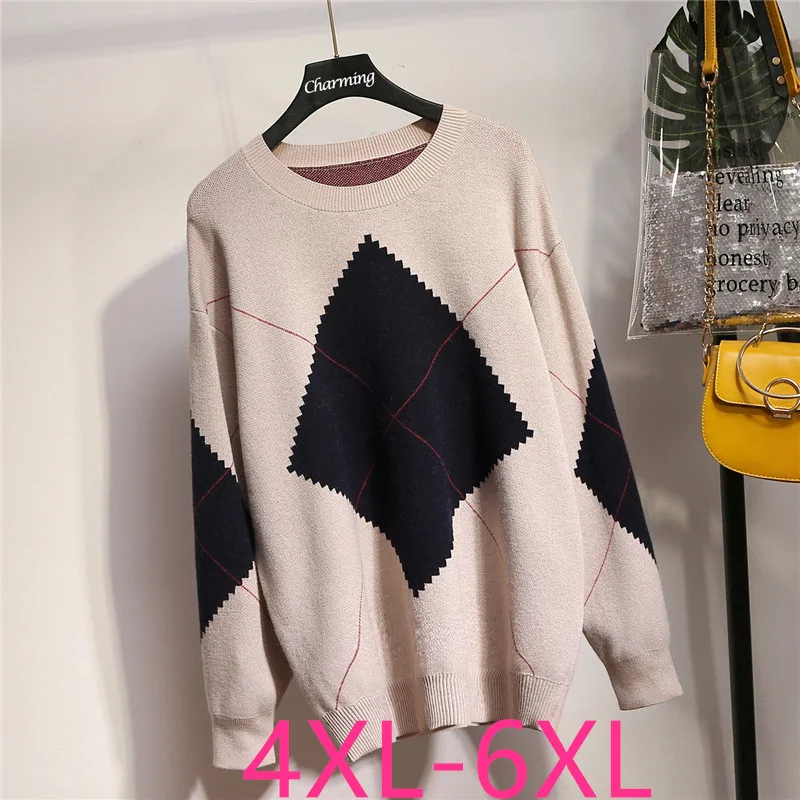 Осенне-зимний свитер размера плюс для женщин, вязаный свитер с длинным рукавом, повседневный свободный большой вязаный толстый пуловер абрикосового цвета 4XL 5XL 6XL
