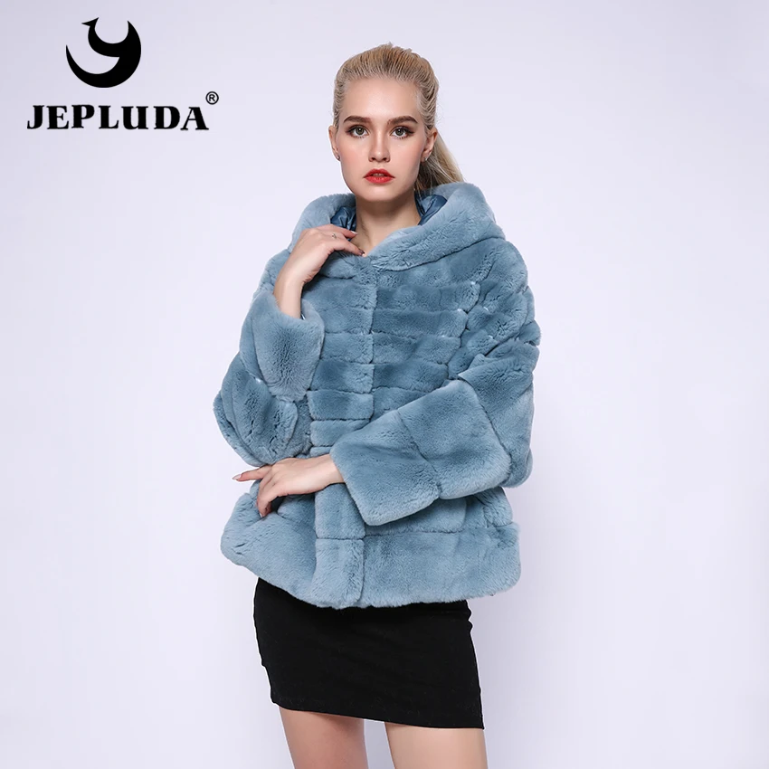 JEPLUDA Свободная Стильная Шуба Натуральный Мех Кролик Рекс Для Женщин Короткий Легкий Мягкий Теплая Куртка Зимняя Женская с Капюшоном Зимнее Пальто Женское Утеплённый Шуба Из Натурального Меха Рекс Кролика Настоящее