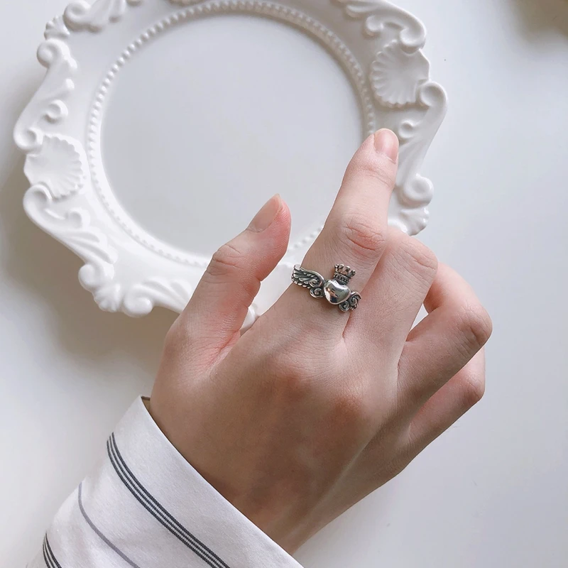 LouLeur, Настоящее серебро 925 пробы, корона, кольца,, Ретро стиль, сердце, крылья, кольцо для женщин, девушек, модное ювелирное изделие, подарок, вечерние кольца