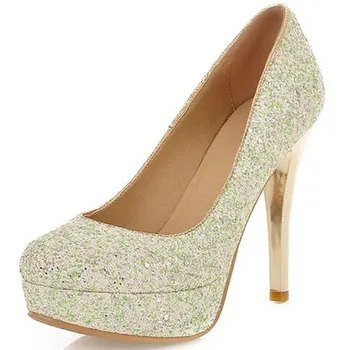 

2020 Platform Heels Women's High-heeled Shoes Lace-up Slip Om Bling Bling Brief Pumps Sandals Ladies Round Toe Beige Casual