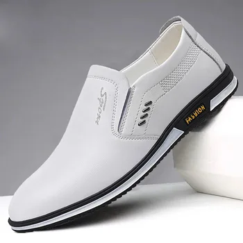 Men's Leather Casual Shoes 2021 Spring Winter Casual Shoes Men's Breathable British Leather Shoes White Leather Slip-on Footware 1