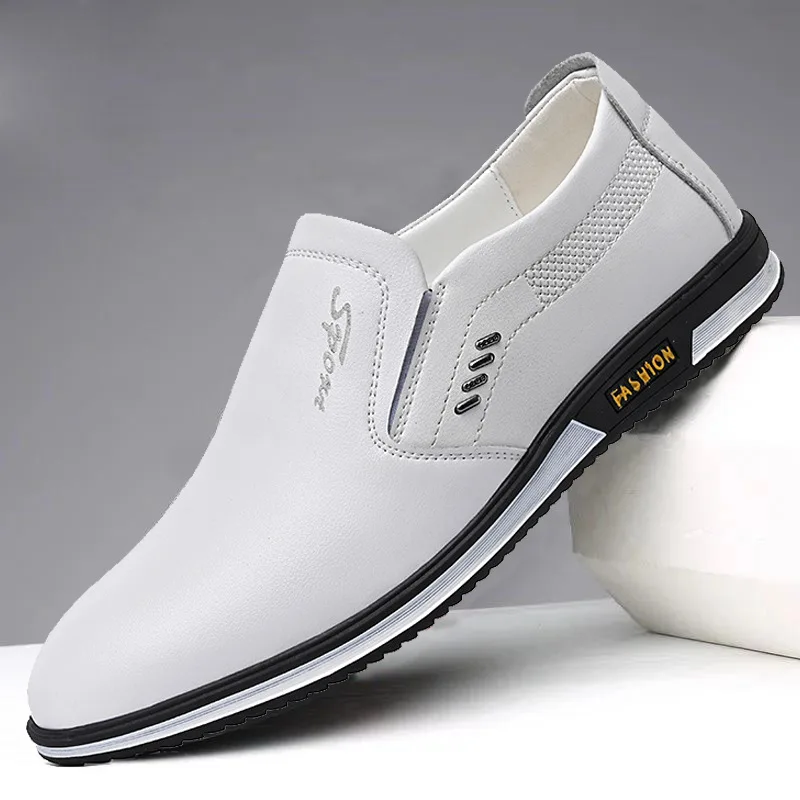 Zapatos casuales de cuero para hombre, zapatos informales de primavera e invierno, transpirables, de cuero británico, sin cordones, color blanco, 2021