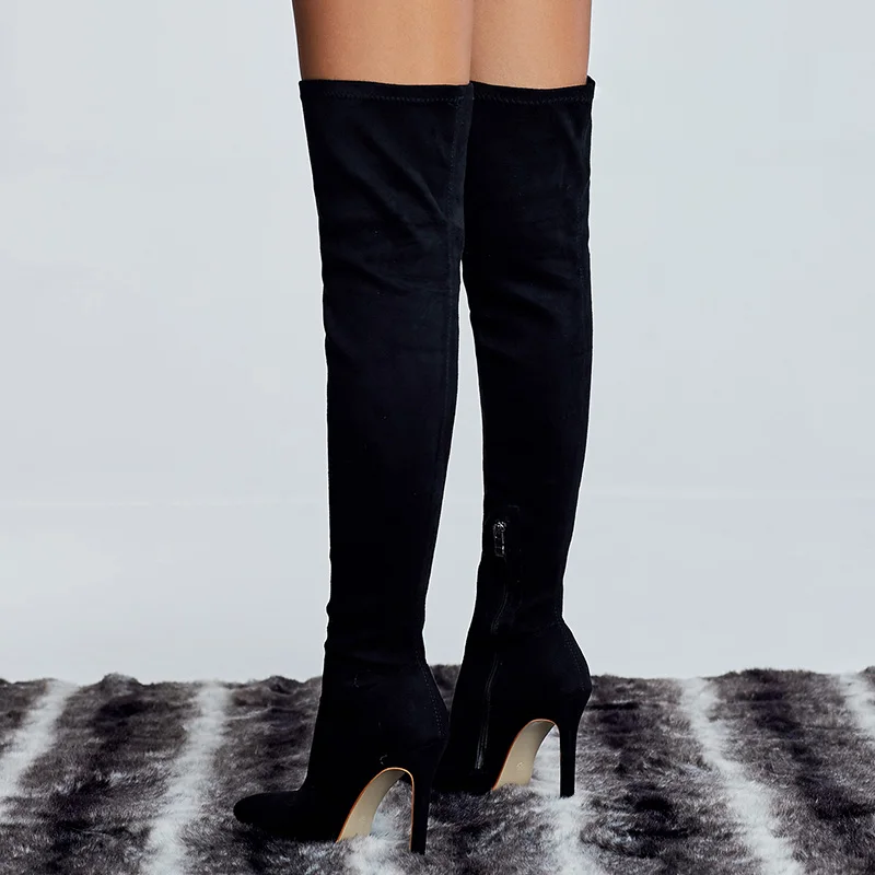 Женские кожаные сапоги выше колена; плюшевые сапоги на высоком каблуке 11,5 см размера плюс; теплые зимние сапоги до бедра на шпильке; модель года