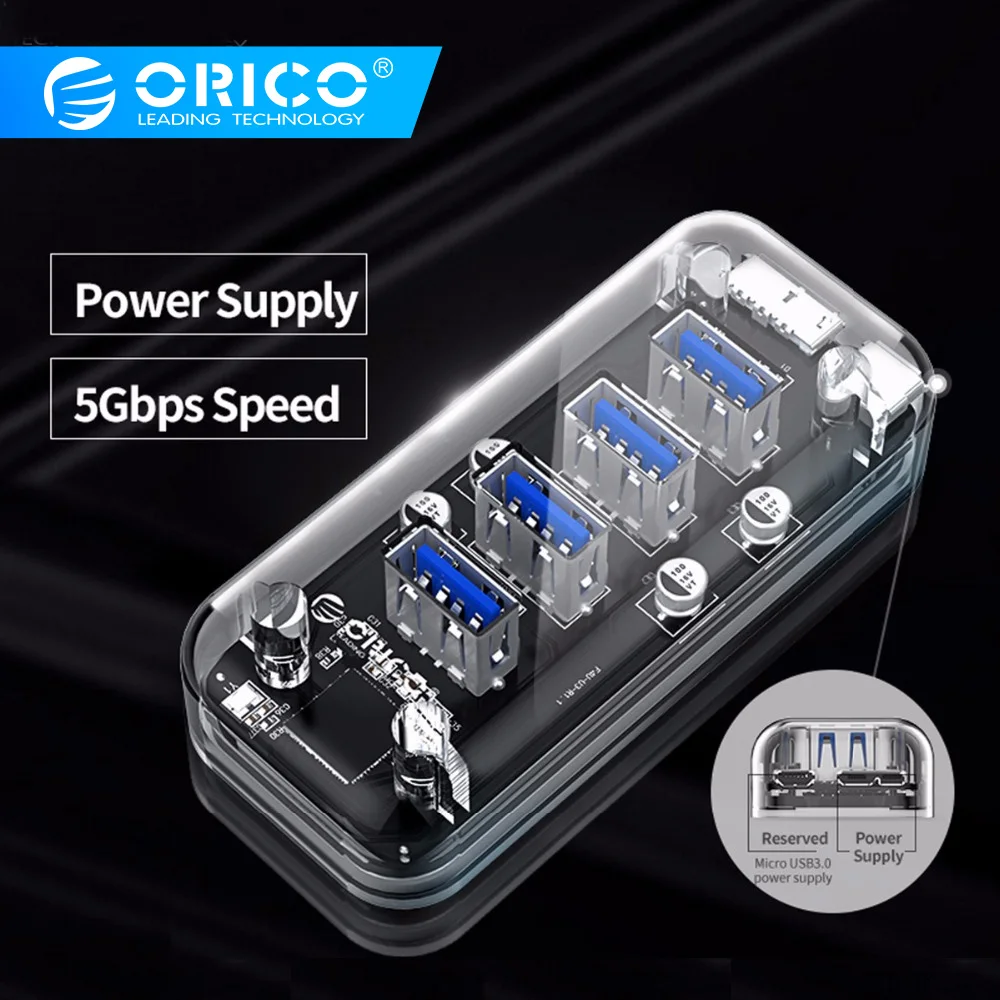 ORICO 4 порта USB3.0 прозрачный концентратор высокая скорость с микро USB интерфейс