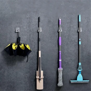 

304 Stainless Steel Storage Rack Broom Holder kitchen Organizer Wall Mop Holder Magic Sticker Broom Umbrella Rack
