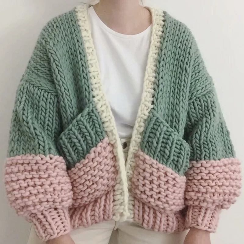 

Cashmere Sweater Women jacket Knitted Pure Handmade Thick Thread Contrast Color Sweaters Winter Fashion Female Cardigans Coat