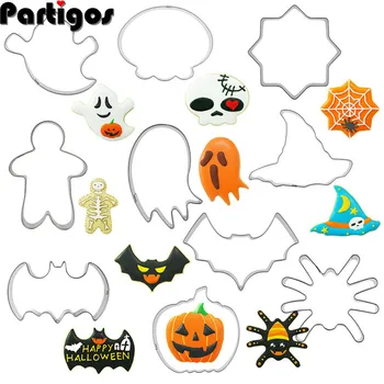 

10pcs/lot Halloween Stainless Steel Fondant Mold Cookie Stamper Nameplate Pumkin Skull Bat Shape Molds Cake Decoration