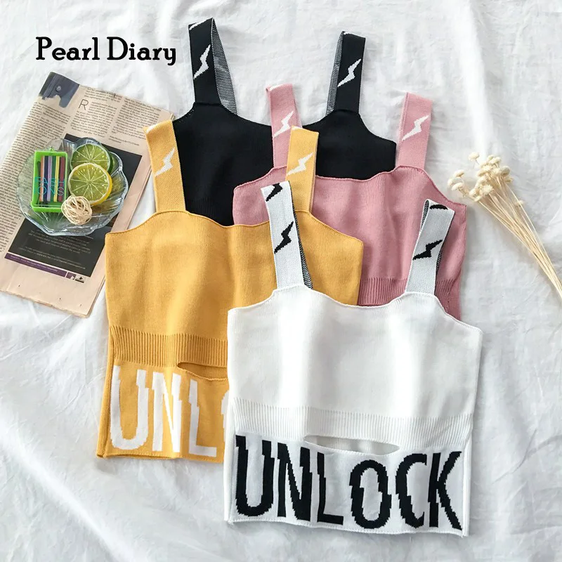 

Pearl Diary Female Camisole Knitting Camis Crop Top Letter UNLOCK Cotton Camisole Femme Camis With Hole Women 2021 Summer Tank
