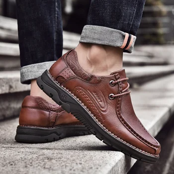

High Quality Men Shoes Natural Leather Plus Size Casual Shoes Men Waterproof Lace Up Outdoor Loafers Flats Shoes