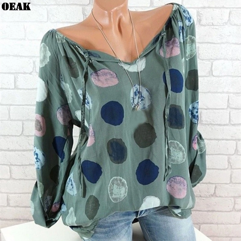 Oeak Women Long Sleeve Dot Print Lace Up V-Neck Off Shoulder Blouse Plus Size Casual Shirts Tops Female Fashion Blusas 5XL