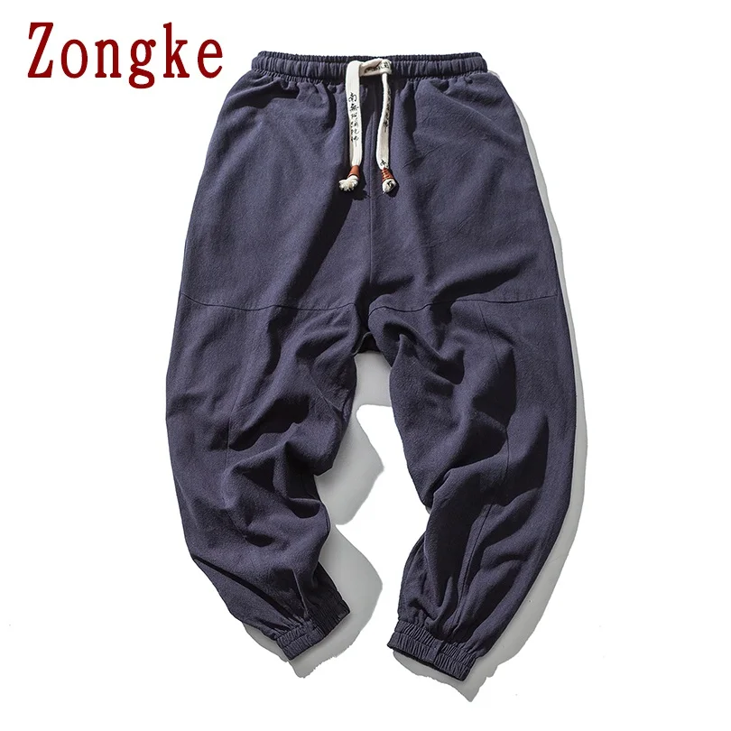 Zongke плотные льняные брюки, мужские брюки для бега, мужские брюки, уличная одежда, спортивные штаны, шаровары, мужские брюки, 5XL, осень, новинка