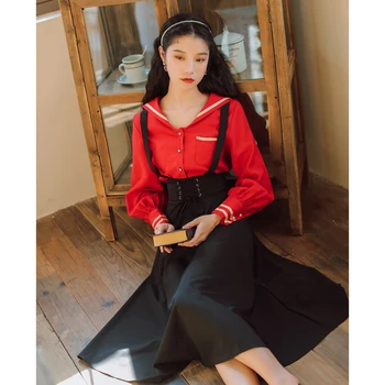 

Women Skirt Sailor Collar Suspenders Skirts Red And Black TS012502