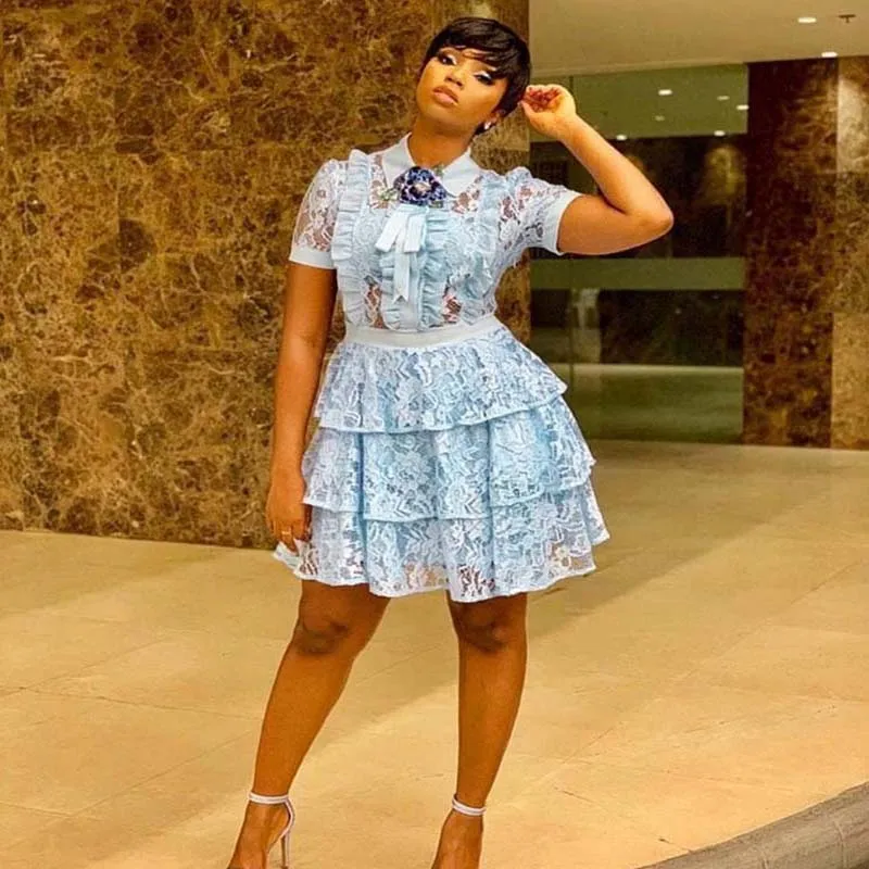 

African Clothes Lace Ruffles Dress Women Elegant Short Sleeve Turn-down Collar Bow High Waist Mini Lace Dress Beach Partyclub