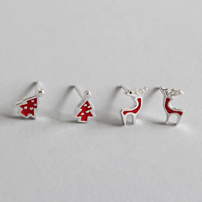 

S925 sterling silver simple wild elk earrings winter mini Christmas tree