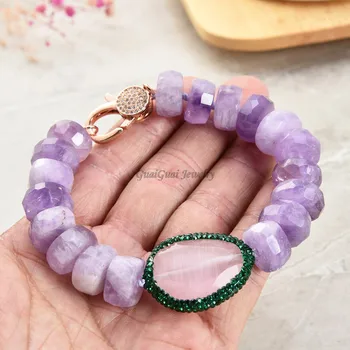 

GuaiGuai Jewelry 8'' Rondelle amethyst jade pink cat eye trimmed macarsite CZ Pave Connector Bracelet