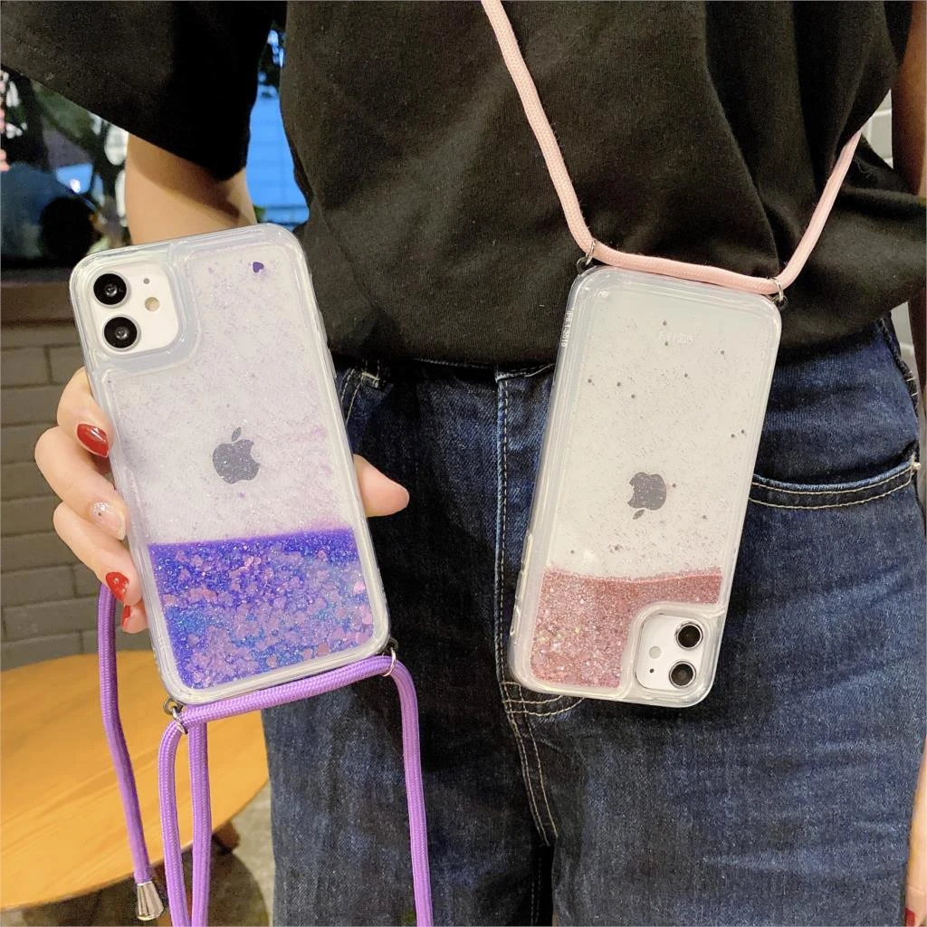 Sequins Quicksand Rope Case For iPhone 12 mini 11 Pro Max XR X XS Max 8 7 6 6S Plus 5 5s SE Lanyard Dynamic Liquid Glitter Cover iphone 8 plus phone case