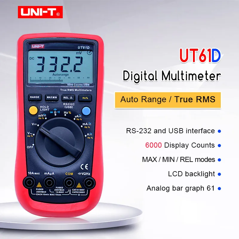 

Digital Multimeter UNI-T UT61D AC/DC voltage Current Ohm meter Capacitance Resistance Frequency Diode Tester RS232 PC connection