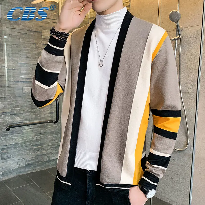

Autumn New Men's Sweater Korean-Style Knitted Cardigan Plaid Handsome Coat
