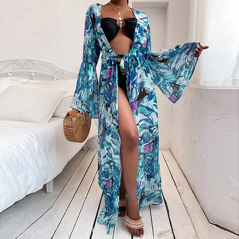 

2021 Bohemian Printed Half Sleeve Summer Beach Wear Long Kimono Cardigan Cotton Tunic Women Tops Blouse Shirt Sarong Plage