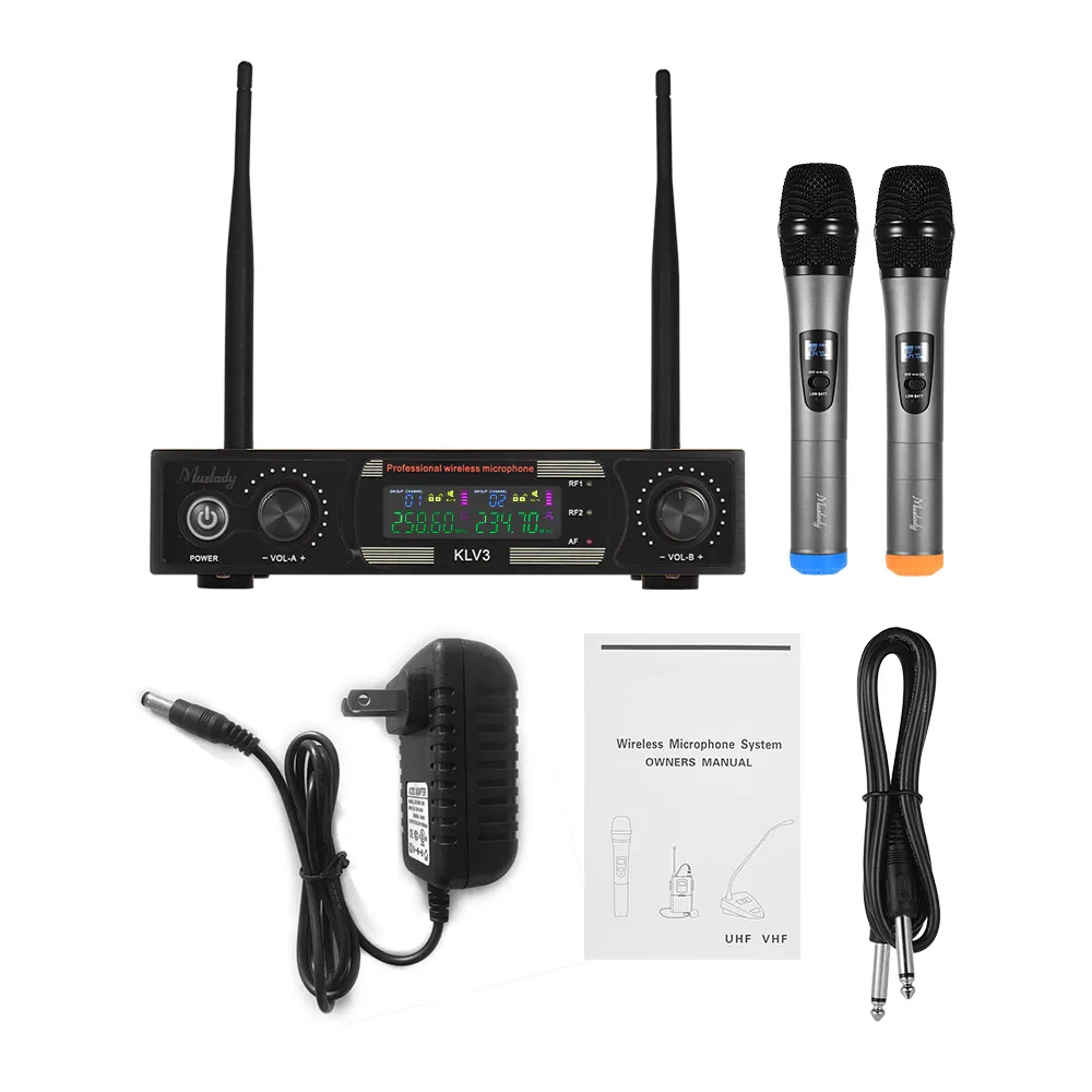 Muslady KLV3 VHF Wireless Microphones Set with 1 Receiver 2 Handheld Microphone Color Screen for DJ Party Karaoke Singing - Цвет: black US PLUG
