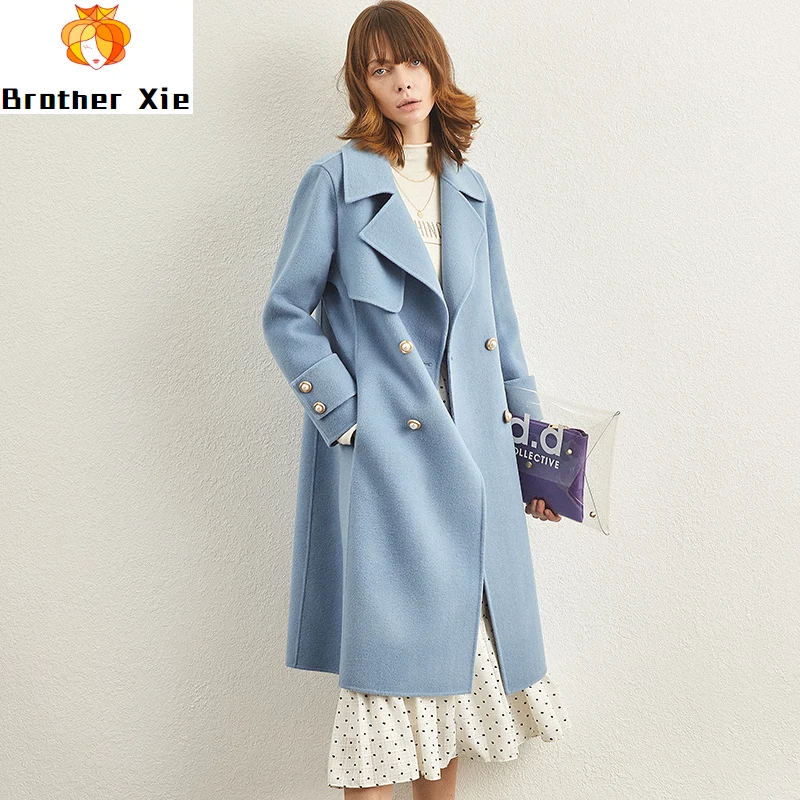 

100% cashmere coats handmade 2020 spring wool coat double faced woolen overcoat autumn winter loose over knee long woolen coat