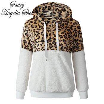 

Sweatshirt Leopard Print Splice Lambswool Velvet Zipper Hoodie Sweatshirt Long Sleeve Hoodies Casual Women Clothes Cotton Hooded